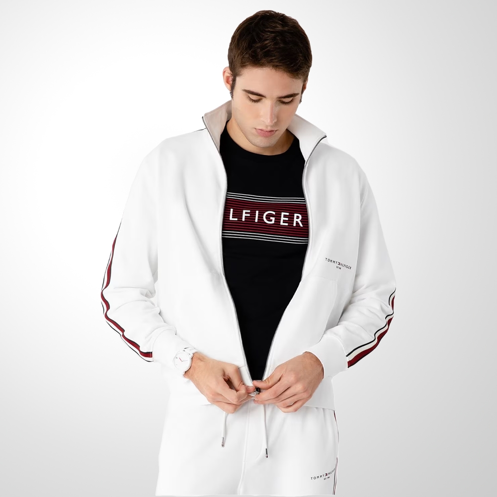 MOLETOM MASCULINO FAIXA GLOBAL STRIPE COM ZÍPER BRANCO TOMMY HILFIGER